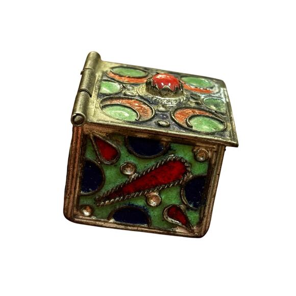 Vintage silver metal trinket box inlaid stone hinged lid blue green red enamel - Picture 8 of 8